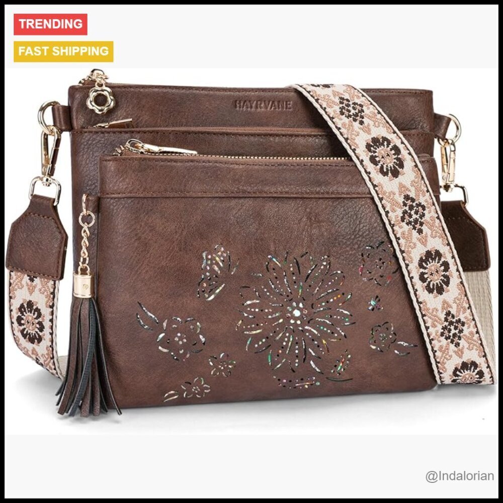 Faux Leather Crossbody Bag Hobo Style Sunflower Cutout Multi Pocket Adjustable